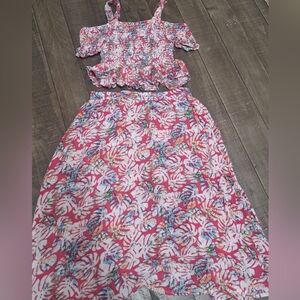 Girls 7/8 Tropical Skort & Smocked Crop Top Set Pink Palm Leaf Summer Outfit 💟